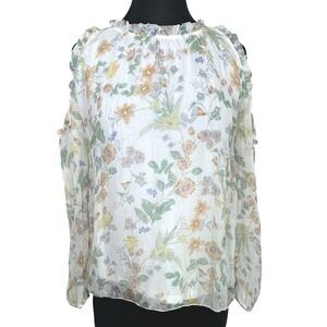 Giusy Italy 100% Silk Floral Cold Shoulder Ruffle Blouse White Small Cottagecore
